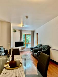 uma sala de estar com mobiliário de couro preto e uma televisão em Terrace Apartment X91 RR04 em Waterford