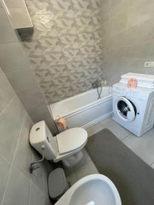 a bathroom with a toilet and a washing machine at Sofia Residence Apartments in Tîrgu Neamţ