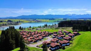 a group of houses in a field next to a lake at Feriendorf Via Claudia Haus 64 Berg- und Seetraum in Lechbruck