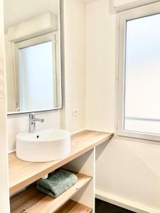 ein Bad mit einem Waschbecken und einem Spiegel in der Unterkunft Superbe T2 gare Annemasse avec Garage et balcon in Ville-la-Grand