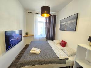 1 dormitorio con 1 cama y TV de pantalla plana en Urban studio apartment, en Klaipėda