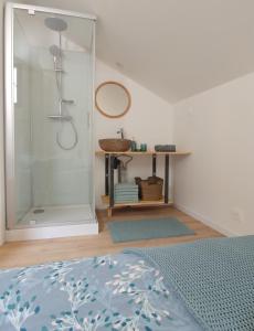 ein Schlafzimmer mit einer Dusche, einem Bett und einem Spiegel in der Unterkunft Villandry centre Appartement duplex entièrement rénové, au calme in Villandry