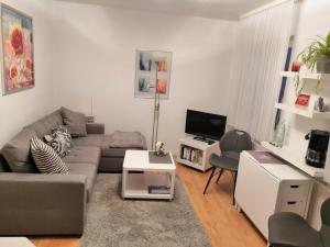 a living room with a couch and a tv at Haus Prante Ferienwohnungen in Bad Pyrmont