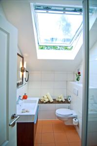 ein Badezimmer mit einem Waschbecken, einem WC und einem Dachfenster in der Unterkunft Appartementhaus Ostseeresidenz in Warnemünde