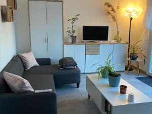 a living room with a couch and a tv at Maison de famille in Lormont