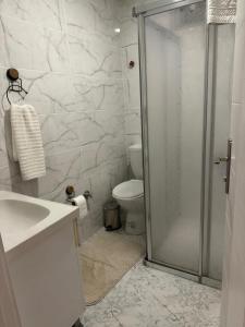 a bathroom with a shower and a sink and a toilet at Villaras Garden özel havuzlu eşyalı in Altınkum