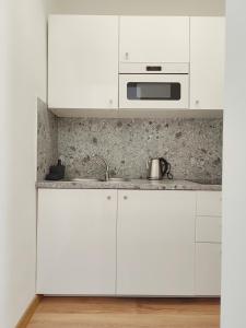 a white kitchen with white cabinets and a microwave at Atlas suites EAST in Košice