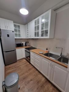 een keuken met witte kasten en een roestvrijstalen koelkast bij Stylish Urban Apartment in Athene