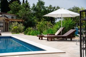 einen Pool mit einem Sonnenschirm, einem Stuhl, einer Bank und einem Regenschirm in der Unterkunft Sunset & Sunrise Villas in Stanisici-Two Villas With Common Pool in Budva