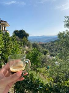 eine Person, die ein Glas Wein mit Aussicht hält in der Unterkunft Le tre stelle in Castellabate + 12 Fotos