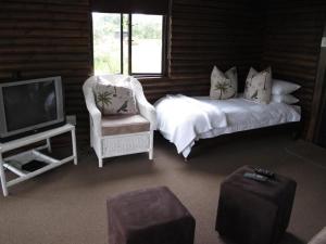 1 dormitorio con 1 cama, TV y silla en Midlands Forest Lodge, en Balgowan