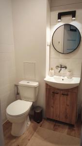 a bathroom with a toilet and a sink and a mirror at Kwadrat i Kropka Apartament Zamość in Zamość