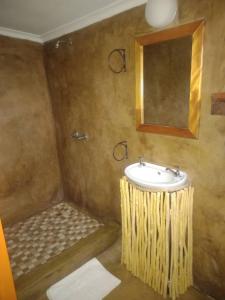 bagno con lavandino e doccia con specchio di Phokoje Bush Lodge a Selebi-Pikwe