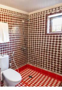 een badkamer met een toilet en een geruite muur bij Riad lala Drissia in Fès