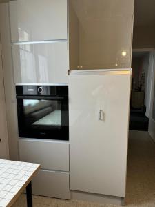 um frigorífico branco e um forno na cozinha em Le Bellevue em Thonon-les-Bains
