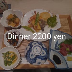 彦根市にある清瀧旅館の食べ物の皿が置かれた木製のテーブル