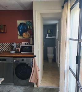 cocina con lavadora en una habitación en Studio avec patio et jacuzzi privatifs, en Mazan