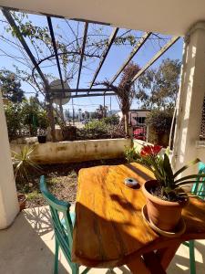 une table en bois avec une plante en pot sur une terrasse dans l'établissement Nova Aparts, à Akyaka