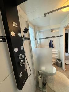 a bathroom with a glass shower with a toilet at Ferienwohnung Bella in Hühnerfeld