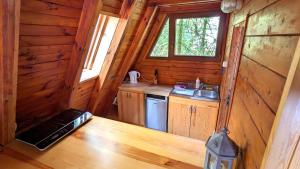 a small kitchen with a stove and a sink in a log cabin at VIVA SOLE domek nr 8 in Skorzęcin +8 photos