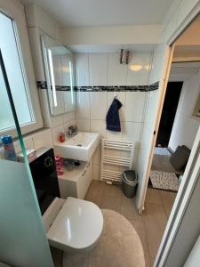 Baño pequeño con lavabo y espejo en Ferienwohnung Bella, en Hühnerfeld