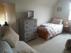 um quarto com uma cama e uma cómoda com uma televisão em Rowlands Castle No 41 em Rowlands Castle