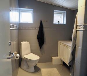 a bathroom with a toilet and a sink at Bolig med sommerhusvibes, 80 meter fra badesø in Silkeborg +11 photos