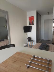 a bedroom with a bed and a tv and a mirror at Studio Heliopolis Naturiste in Cap d'Agde