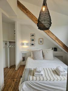 um quarto com uma cama e um lustre em Sur le Port de Plaisance - Anatoline Appart'Hotel em Audierne