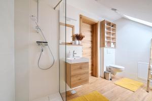 a bathroom with a shower and a sink and a toilet at Mozirje Comfort Apartments in Mozirje