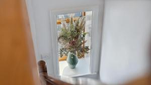 a mirror reflection of a vase and a plant at Tranquil countryside cottage for two in Wrexham