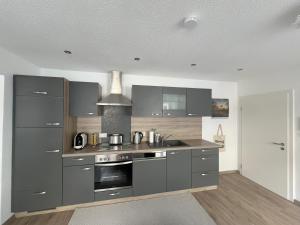 a kitchen with gray cabinets and a stove top oven at Ferienwohnung Altstadtherz in Tirschenreuth