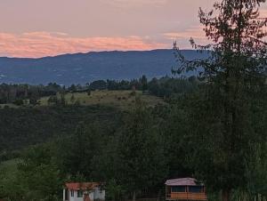a view of a hill with a house and trees at glamping volvere san GabrieL 
