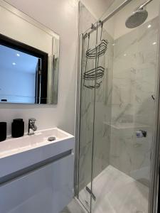 a bathroom with a shower and a sink at Luxury studio flat in London