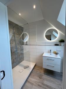 a bathroom with a shower and a sink at Elb Nest Gästehaus in Neu Darchau