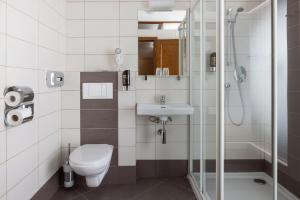 ein Bad mit einem WC, einem Waschbecken und einer Dusche in der Unterkunft Hotel Praděd Thamm in Zlaté Hory