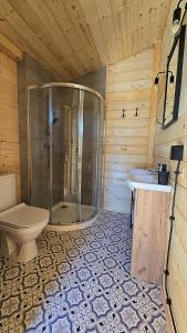 een badkamer met een douche, een toilet en een wastafel bij BLISKO NATURY - domki wypoczynkowe w Dolinie Baryczy in Milicz