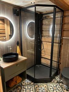 a bathroom with a glass shower and a sink at Rudland Gård - Unik gårdsovernatting i stabbur fra 1750 in Sør-Fron