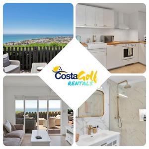 eine Collage aus Fotos einer Küche und eines Wohnzimmers einer Casa Oil Rentals in der Unterkunft Elegante dúplex con increíbles vistas al mar Mijas - CASCADA DE RIVIERA C2 in Sitio de Calahonda