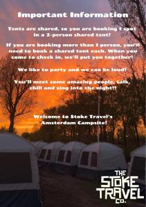 un cartel de un grupo de tiendas al atardecer en Stoke Travel's Amsterdam Camping, en Ámsterdam