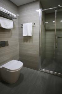 La salle de bains est pourvue d'une douche et de toilettes. dans l'établissement President Hotel by Hrazdan Hotel CJSC, à Erevan