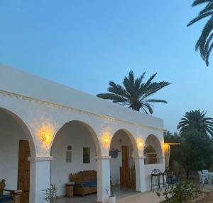 un bâtiment blanc avec un palmier en arrière-plan dans l'établissement Djerba rêve vacances Noura, à Midoun