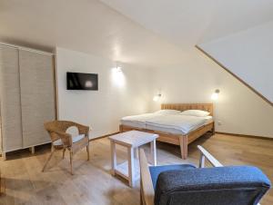 a bedroom with a bed and a table and a chair at Waldpension Harzer Waldwinkel in Bad Grund