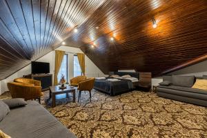 una gran sala de estar con techo de madera. en Hotel Amalia en Nová Lesná