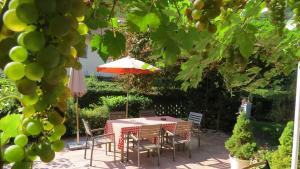 una mesa y sillas con una sombrilla en el jardín en Gästehaus Huber - traditional Sixties Hostel en Feichten