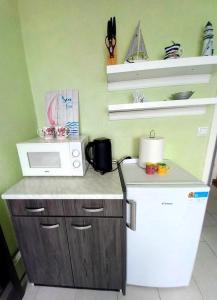 W kuchni znajduje się biała kuchenka mikrofalowa i lodówka. w obiekcie Apartment with view in Rijeka w mieście Rijeka