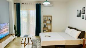 1 dormitorio con 1 cama grande y TV en Divjaka Apartments 3 - City Center, en Divjakë