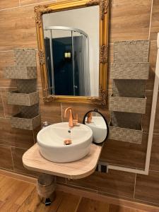 a bathroom with a sink and a mirror at Zur Baumwolle in Nürnberg +84 photos