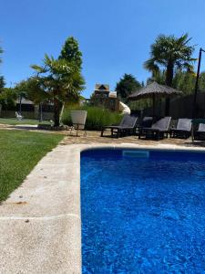 ein blauer Pool mit Bänken und einem Sonnenschirm in der Unterkunft Casa rural Las Vegas in Pelayos de la Presa