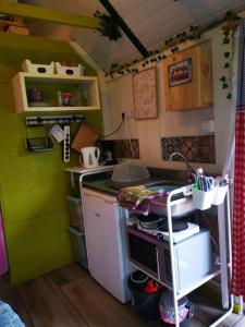 a small kitchen with a sink and a stove at Trekkershut - Tiny House - Hikers cottage in Wijster